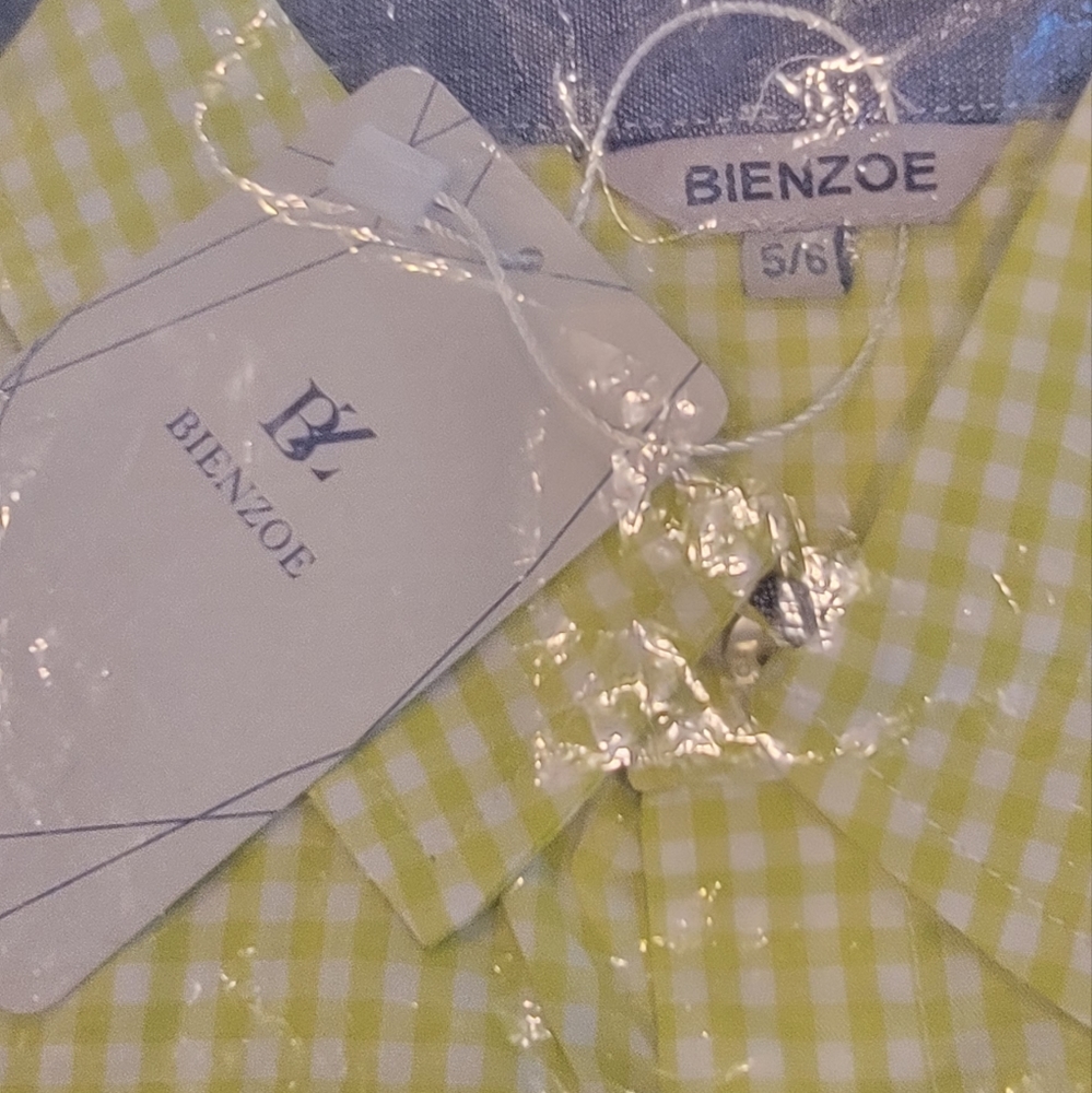 BIENZOE Boys Cotton Plaid Roll Up Sleeve Yellow and White Size 5/6 NWT